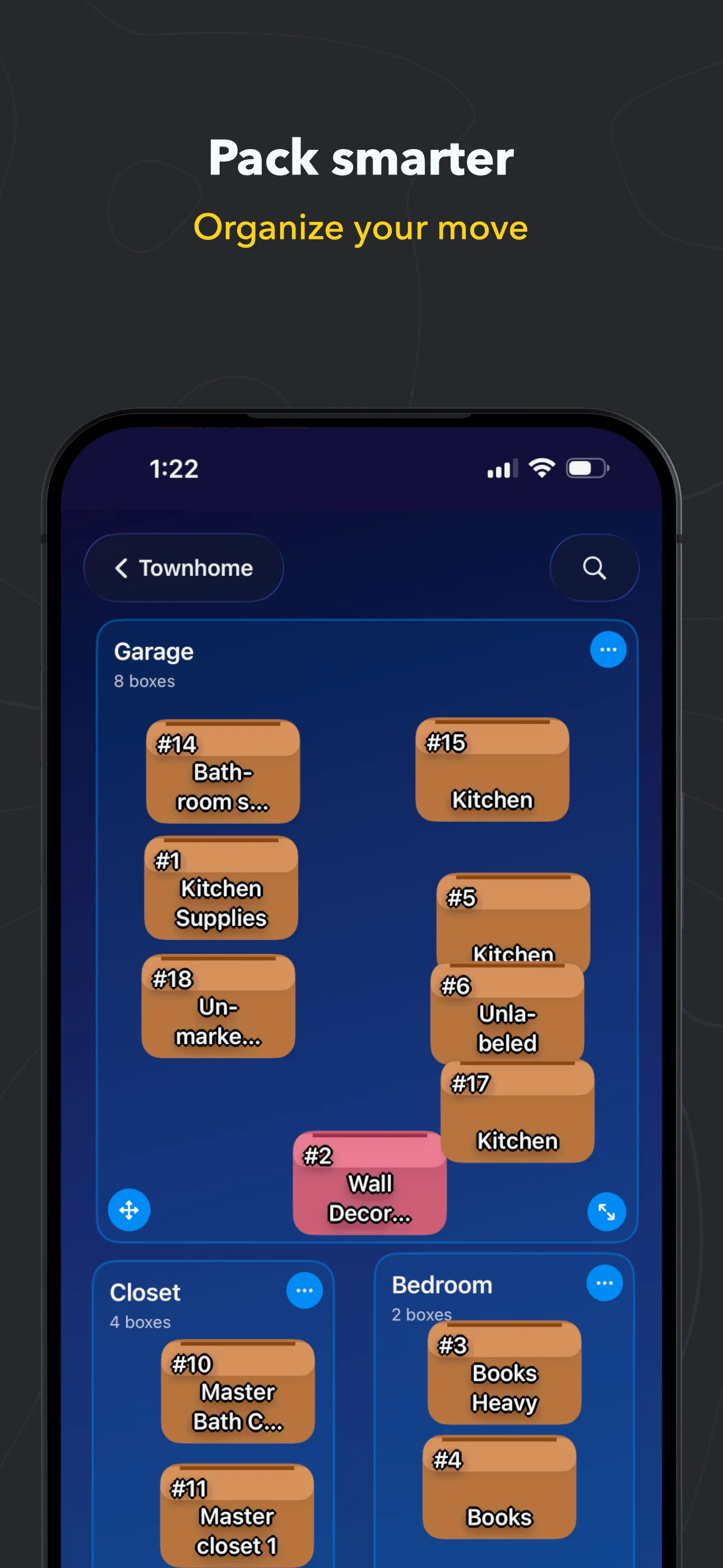 TidyMove - Introduction screen showing the visual drag-and-drop board for organizing moving boxes on iPhone
